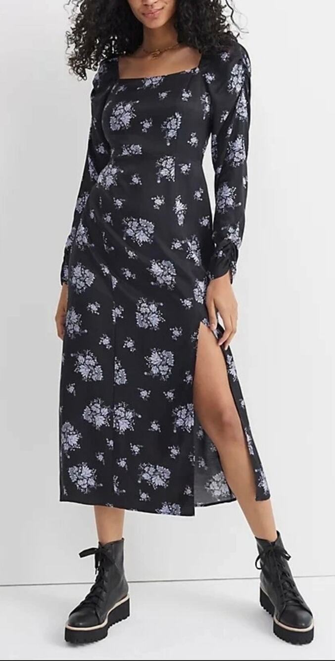 Anthropologie Maeve Midi Dress Long Sleeve Hedy Ruffled Black Purple Floral